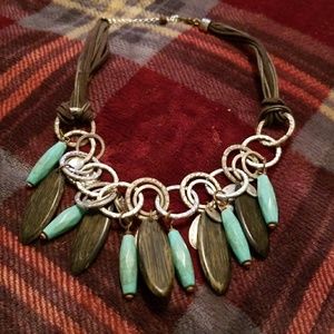 Leather and turquoise and wood necklace